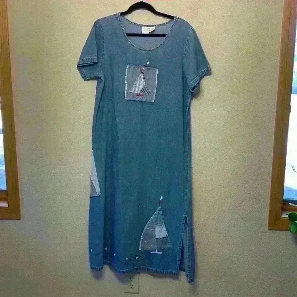 Bleu Bayou denim maxi dress sz L 90s vintage sailboat nautical grandma dressup
